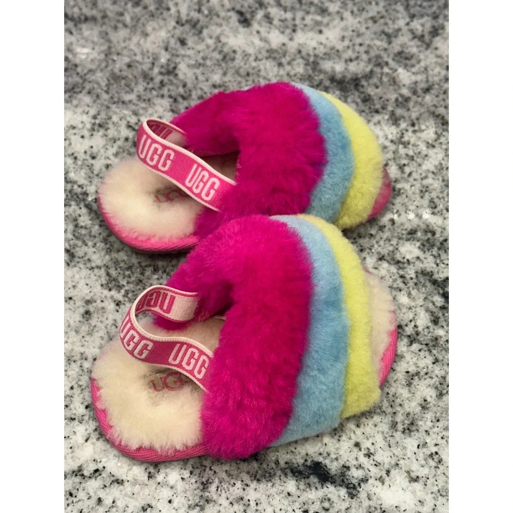 UGG Toddler 6 Fluff Yeah Slide Rainbow Pink Blue Yellow Elastic Slingback Preppy